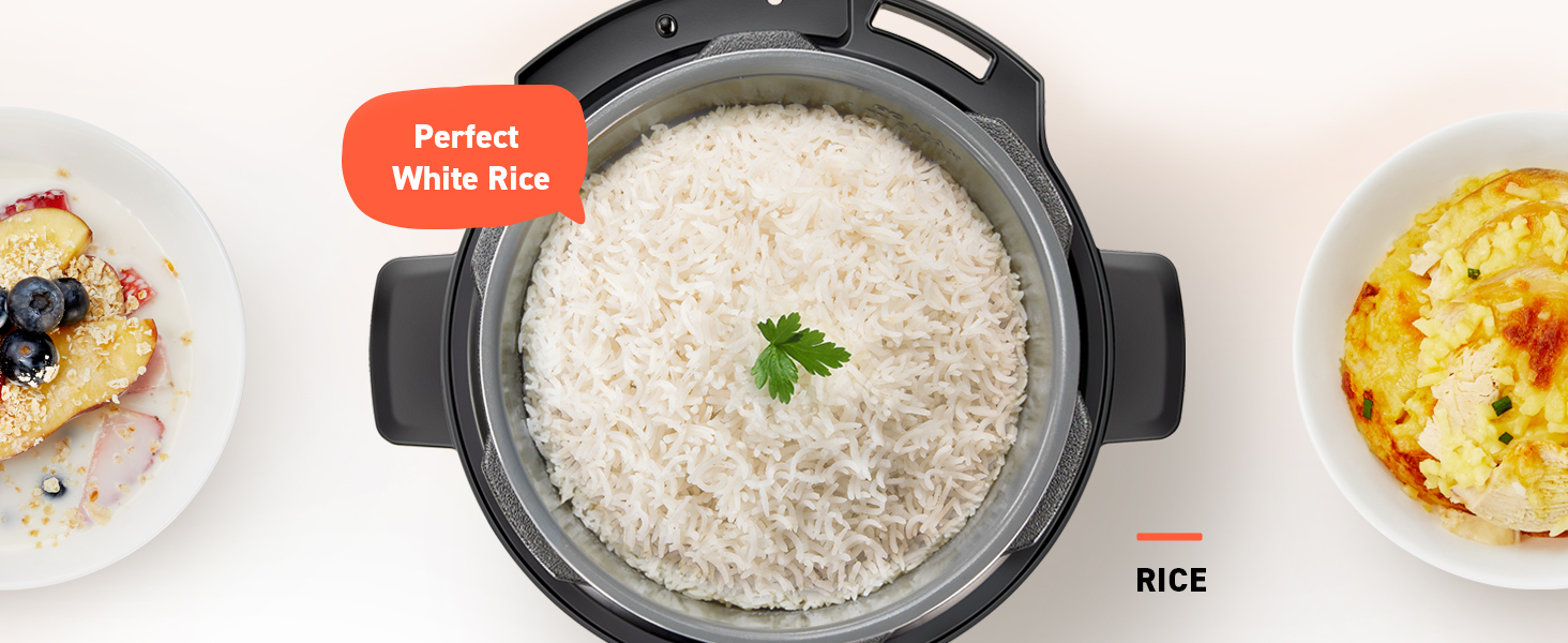 The pressure pot has a non-stick ceramic inner pot, can cook great rice, faster than rice cooker.