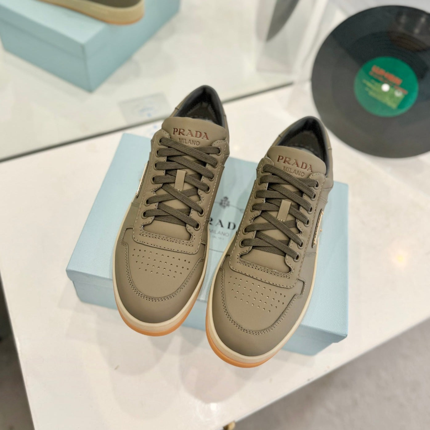 PRA DOWNTOWN PERFORATED SNEAKERS OLIVE CALFSKIN、mysite、Cacoeks