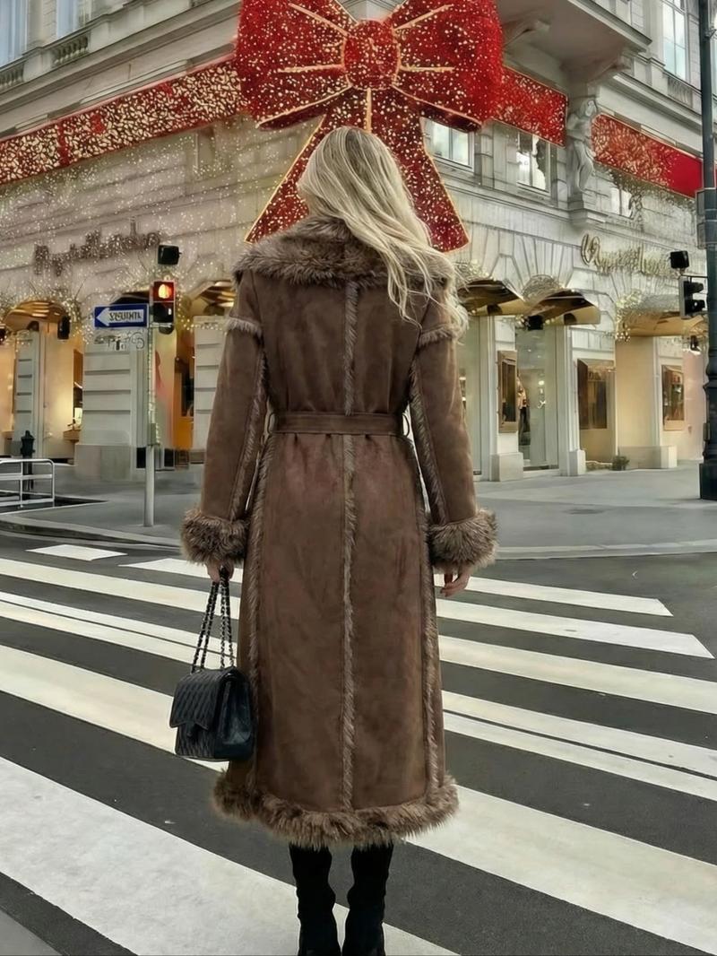 Women's Faux Fur Coat, Autumn Winter Fashionable Long Sleeve Jacket, Elegant Thick Retro Loose Fit Medium-Length Outerwear