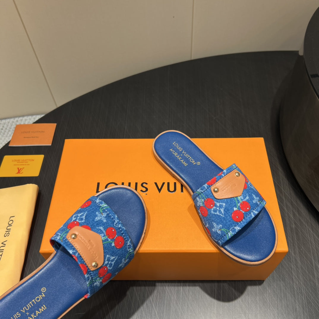 LV SLIDE SANDALS 25S IN DARK BLUE DENIM AND CALFSKIN WITH LOGO PRINT、mysite、Cacoeks