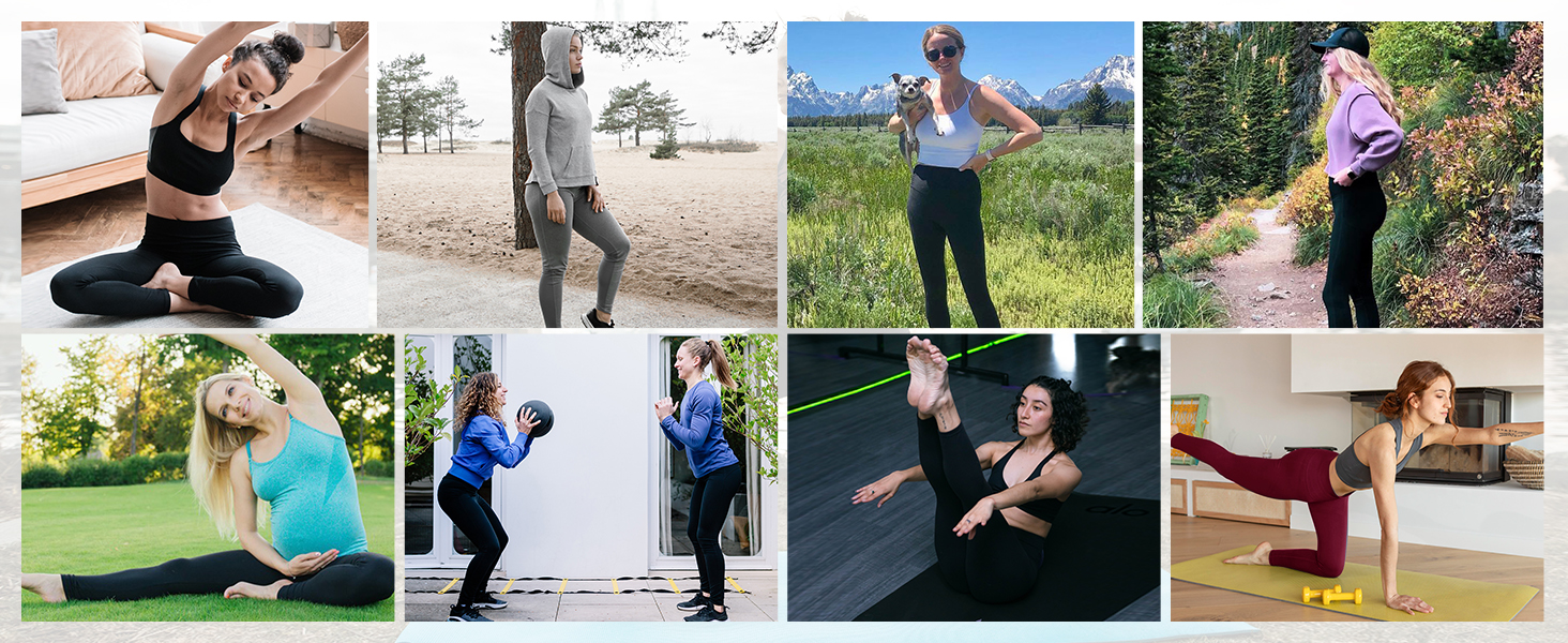 Collage of eight images showing people performing various exercises and yoga poses outdoors and indoors, demonstrating fitness activities and stretching.