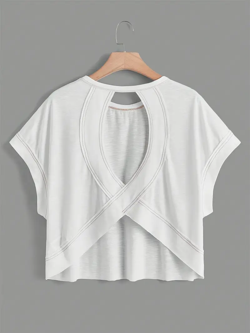 cut out crew neck crop t shirt casual solid color batwing sleeve t shirt for spring summer womens clothing details 1