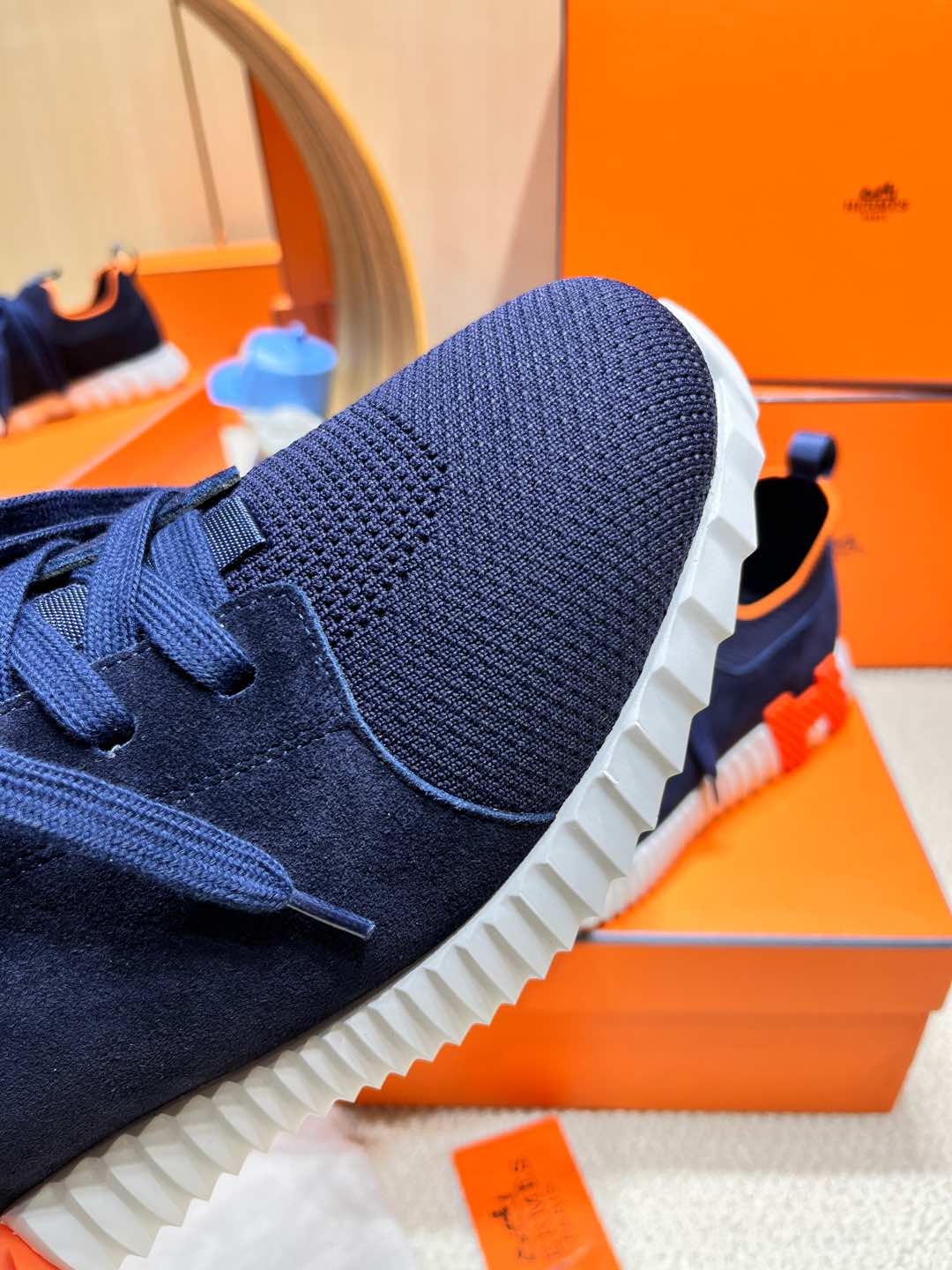 DEPART SLIP-ON SNEAKER IN NAVY BLUE KNIT AND CALFSKIN、mysite、Cacoeks