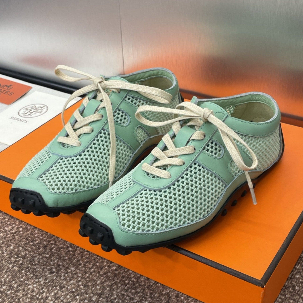 KIGA SNEAKER IN GREEN MINT CROCHET KNIT AND CALFSKIN、mysite、Cacoeks