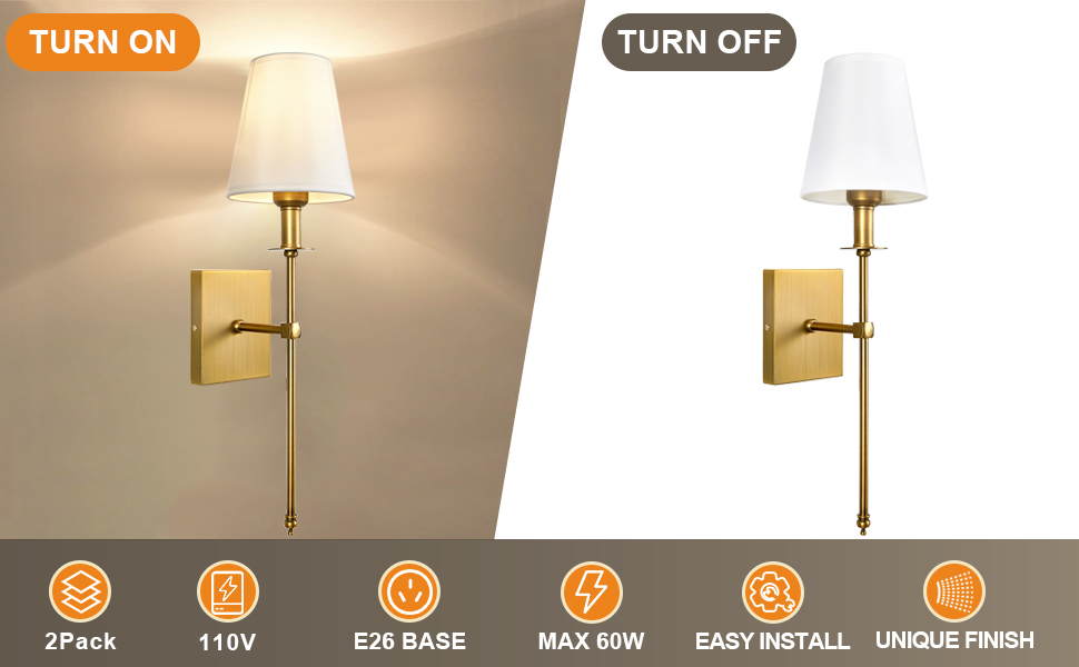 Modern Antique Brass Wall Sconces Set of Two 2 Pack with Vertical Rod and White Fabric Flared Shade