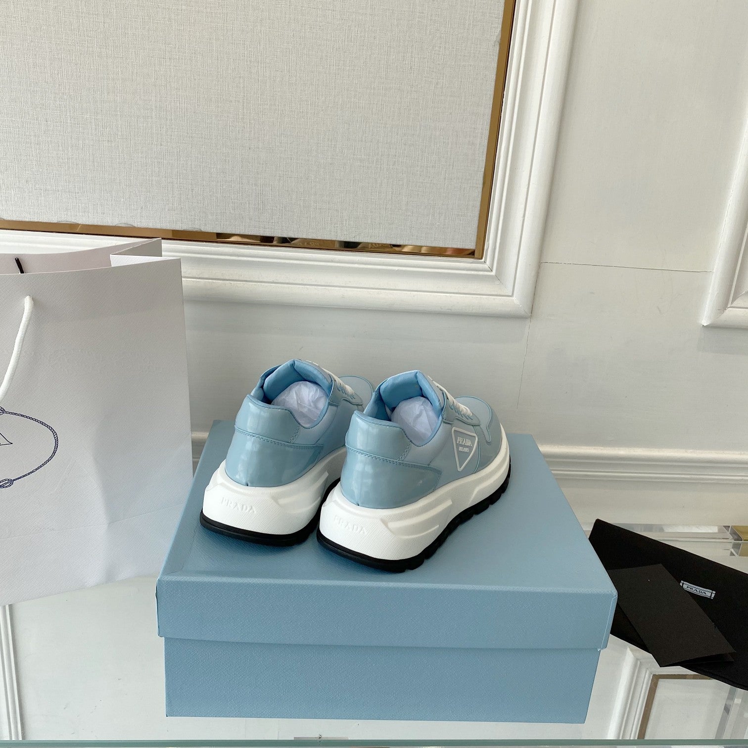 PRADA 25S THICK SOLE SNEAKER IN LIGHT BLUE CALFSKIN AND CANVAS、mysite、Cacoeks