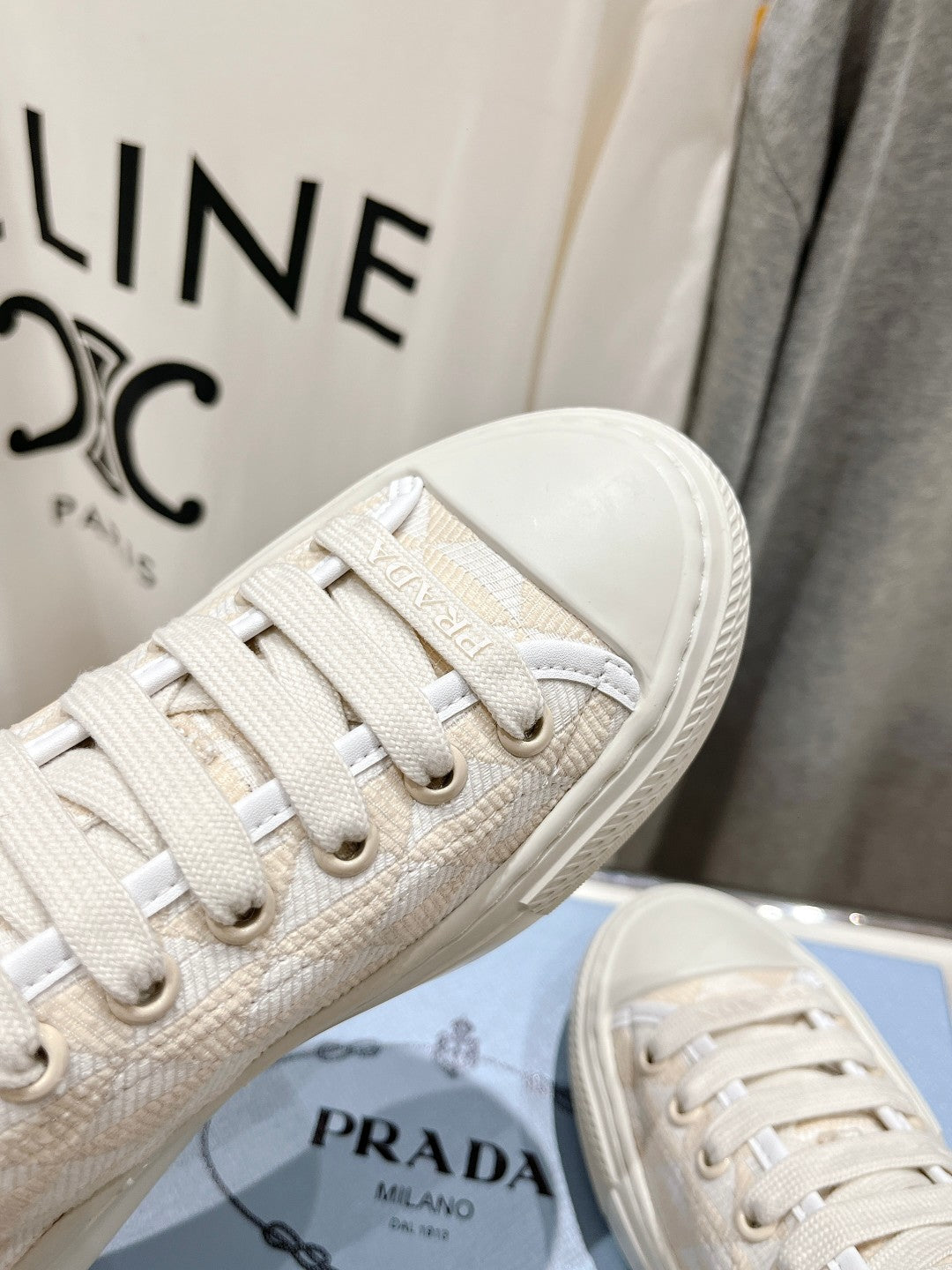 PRA PRINTED COTTON SNEAKERS WHITE AND BEIGE CANVAS、mysite、Cacoeks