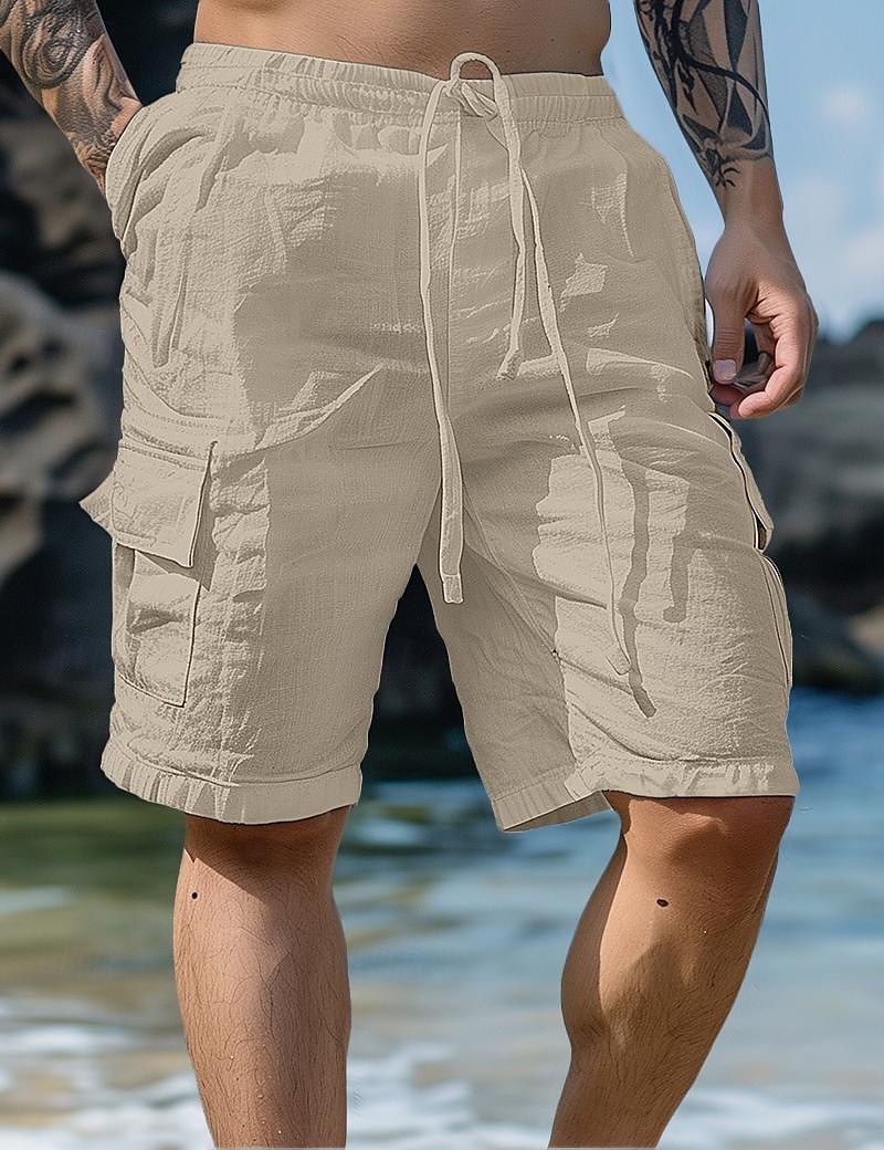 Men's Shorts Linen Shorts Summer Shorts Beach Shorts Drawstring Elastic Waist Multi Pocket Plain Knee Length Outdoor Beach Hawaiian Casual ArmyGreen Black Inelastic 2025 - $17.99 –P1