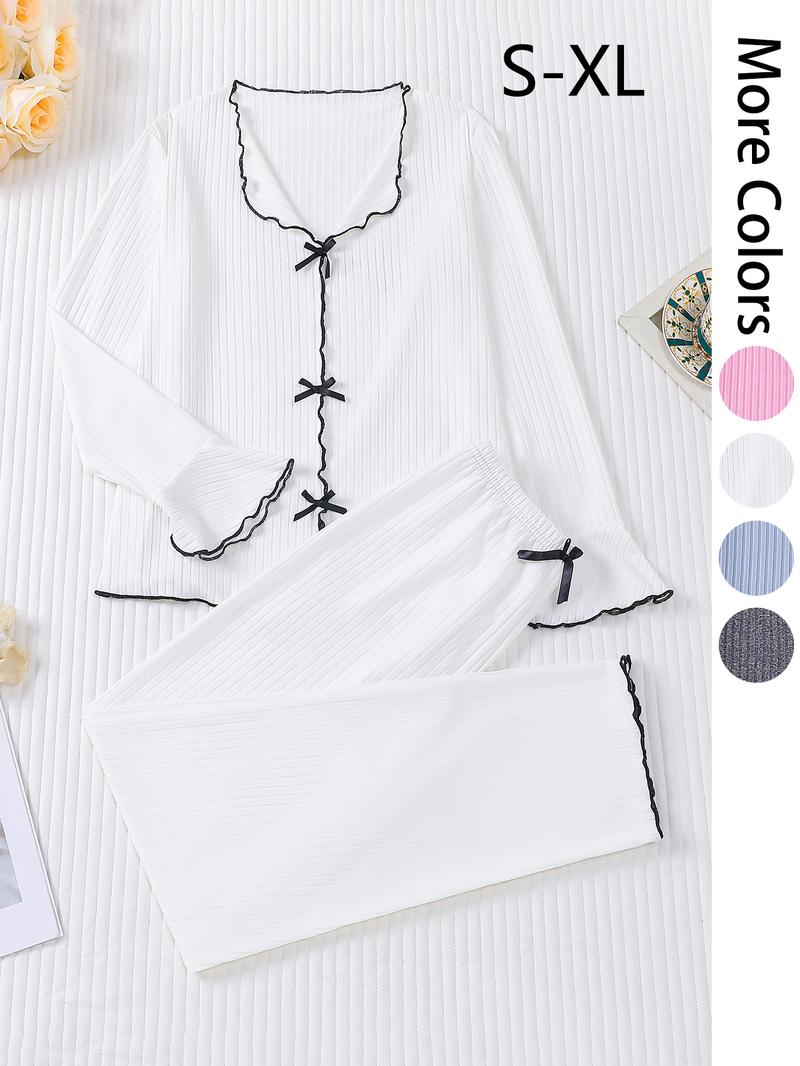 Women's Long Sleeve Top & Pants Pajama Set, Casual Comfy Bow Top & Trousers Pajama Set, Ladies Sleepwear for All Seasons