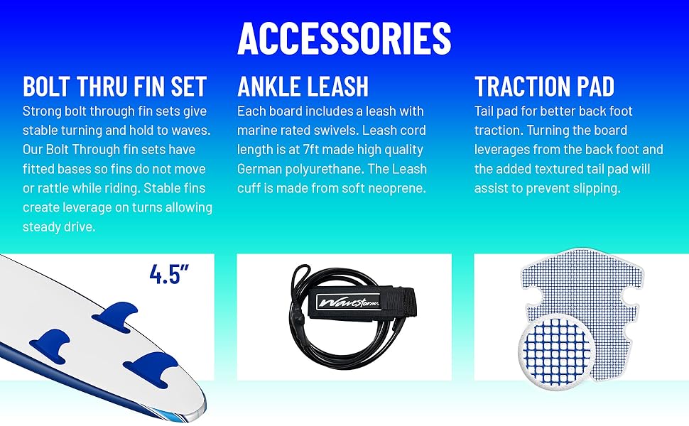 Wavestorm 8ft Classic Surfboard - Blue White Classic Pinline - Accessories