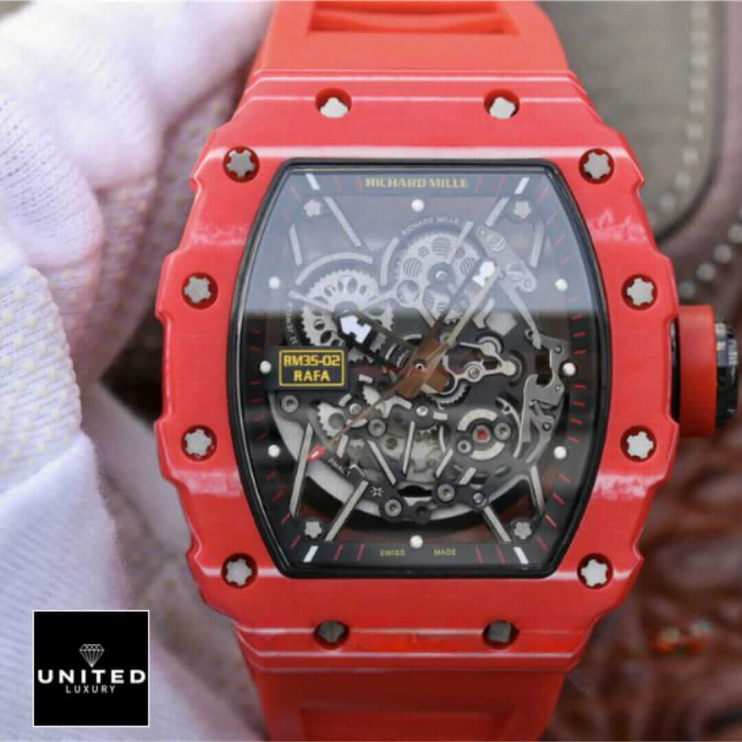 Richard Milee RM35-02 RAFA Red Bracelet Black Dial Replica on the hand