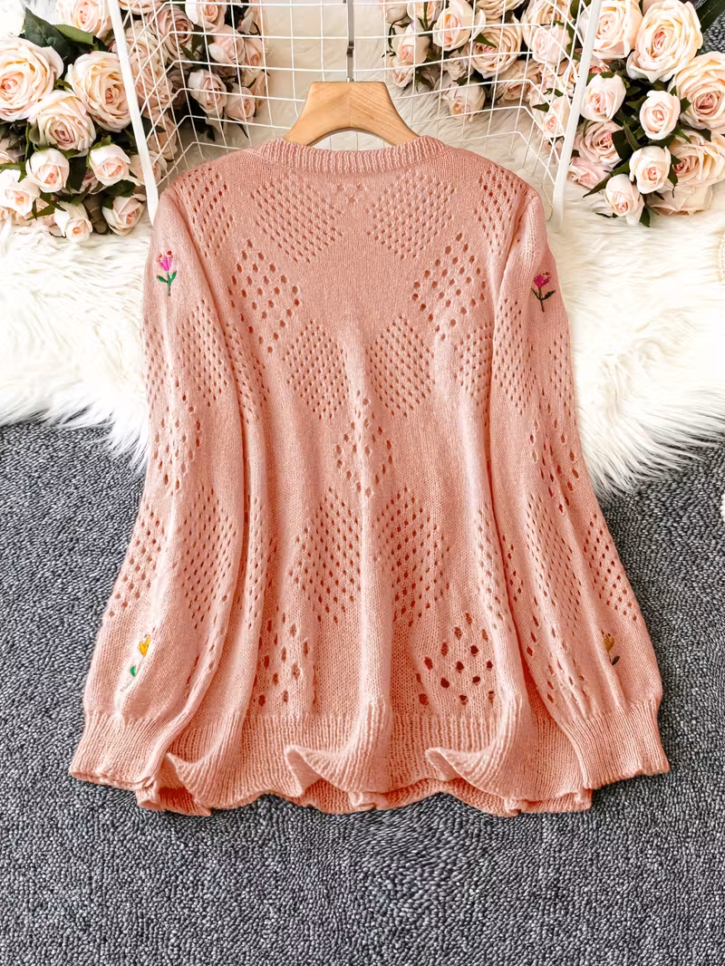 plus size floral embroidery sweater casual cut out long sleeve crew neck sweater for spring womens plus size clothing Product details 1