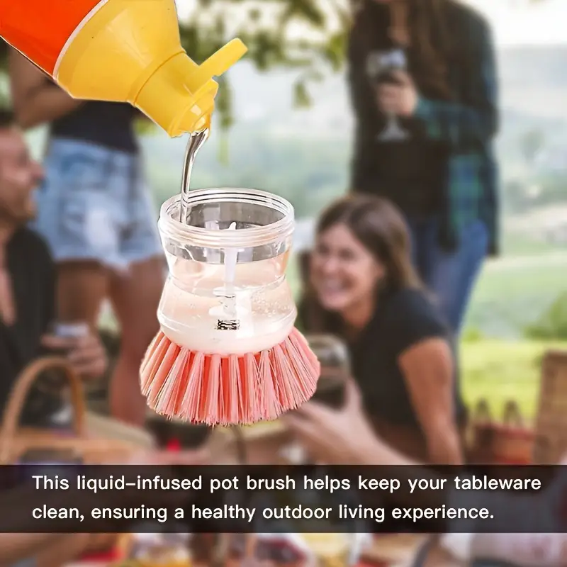 1pc portable manual press liquid dishwashing brush   pp material no electricity needed compact multi purpose kitchen tool for rv camping outdoor picnics home use durable cleaning brush details 4