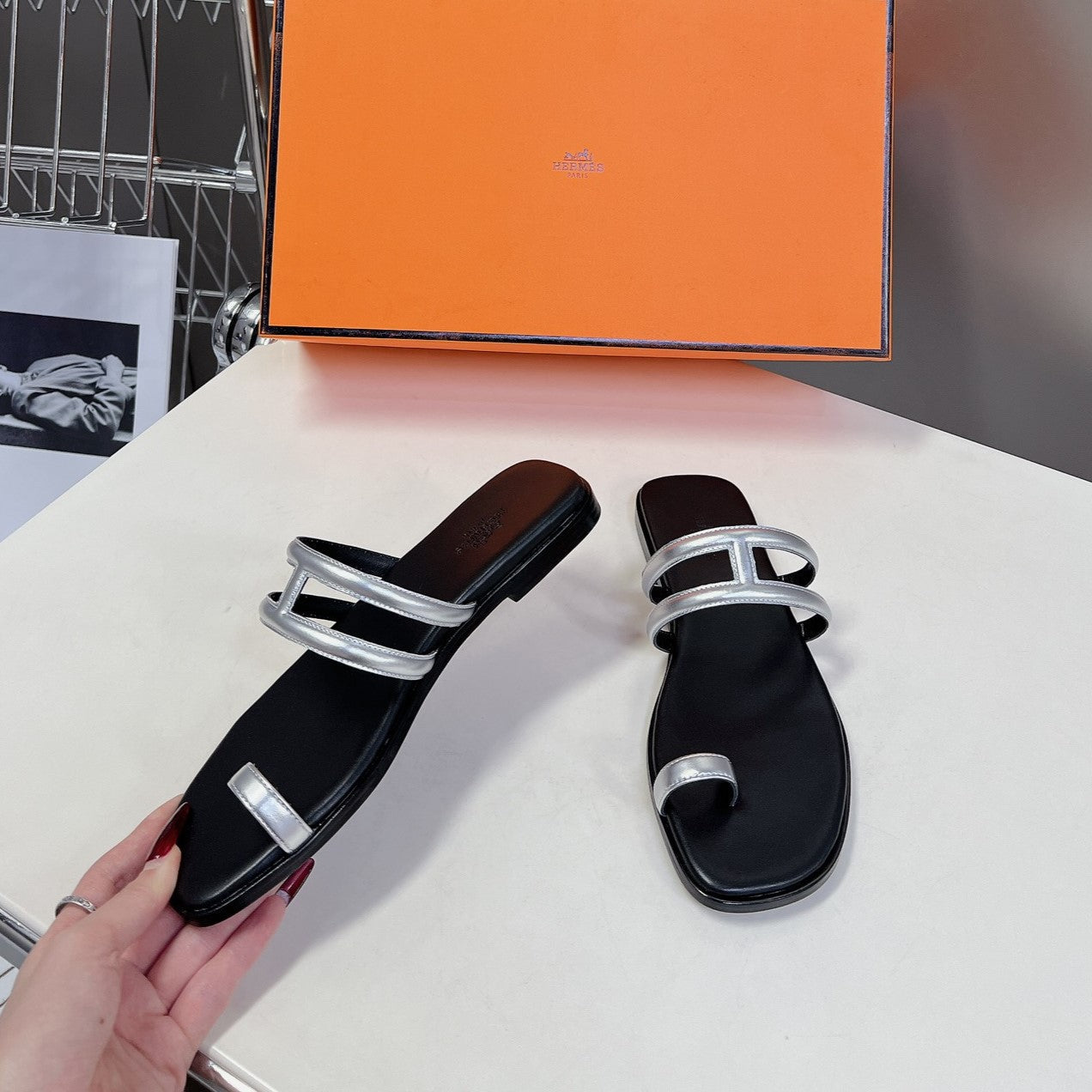 Georgia Sandals Silver Black Calfskin、mysite、Cacoeks