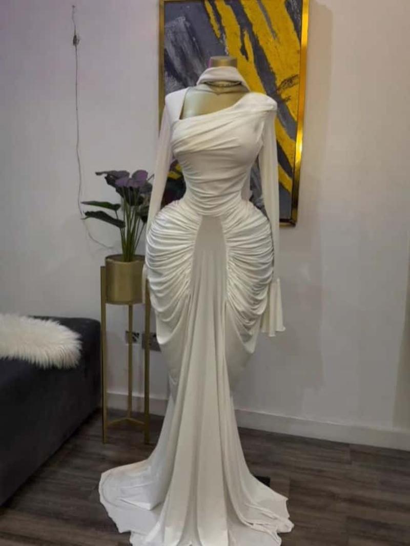 PULKRITU Women's Asymmetrical Neckline Flared Long Sleeve Ruffled Stacked Dress, Autumn Birthday Party Sexy Evening Gown with Scarf Bodycon Midi Ruched Side Maxi Dresses, Trendy Education Holiday Long Dresses, Fashion Streetwear Clothing, Floor Length Dre