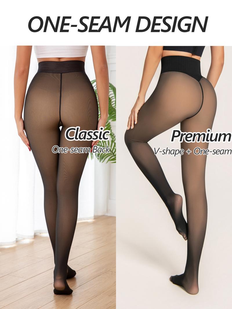 One-Seam & 4 Shades Fleece Lined Tights Women Sheer Black Fleece Pantyhose Winter Warm Thermal Fake Translucent Leggings Closed Foot