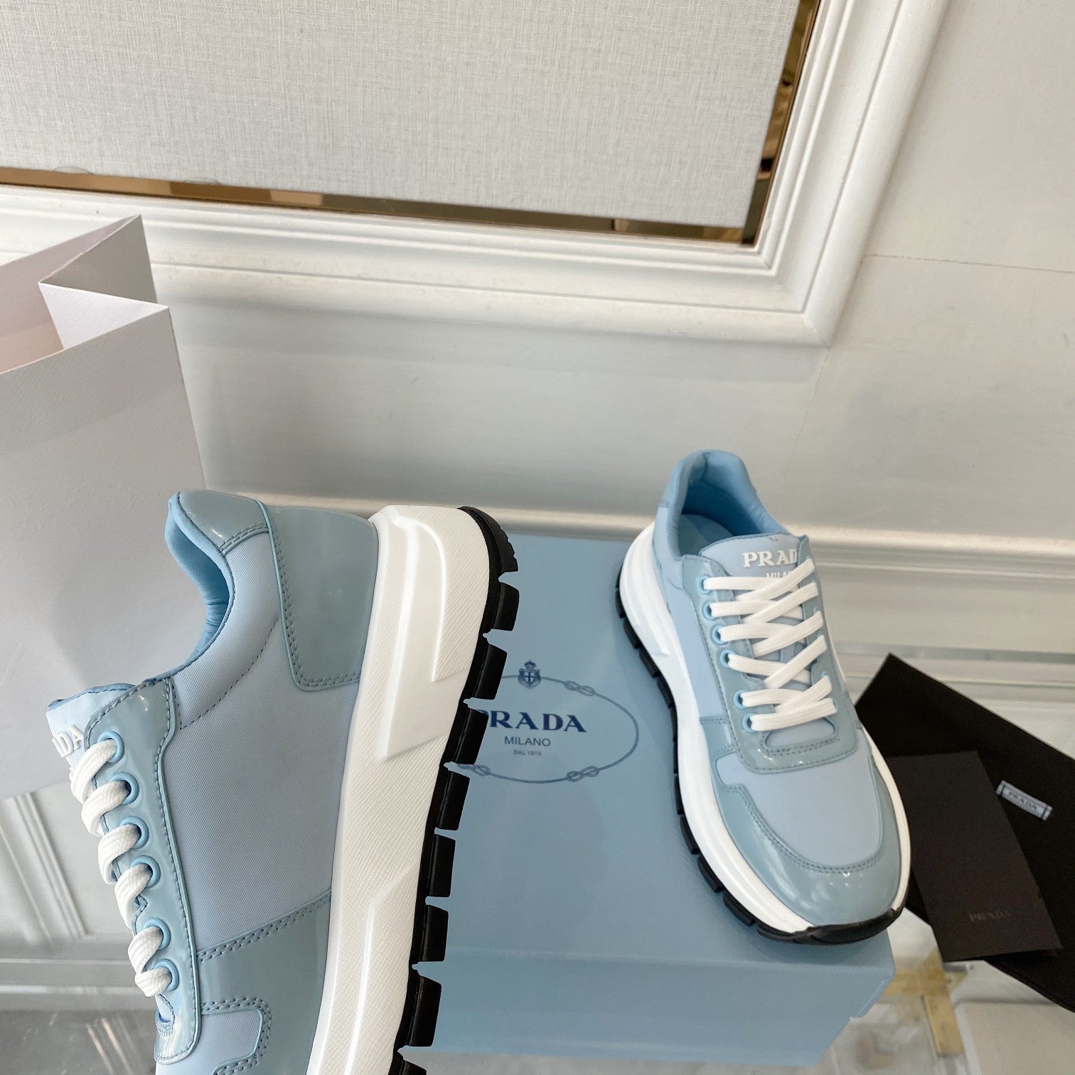 PRADA 25S THICK SOLE SNEAKER IN LIGHT BLUE CALFSKIN AND CANVAS、mysite、Cacoeks
