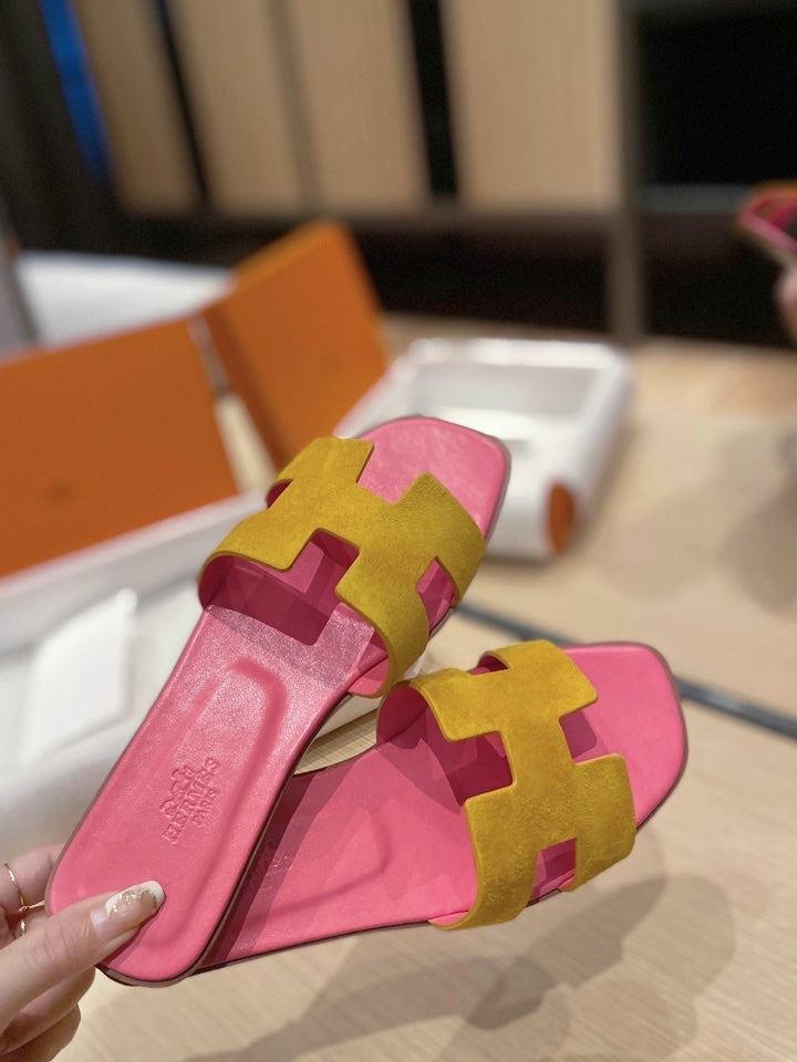 0RAN SANDALS IN DIJON YELLOW SUEDE AND DEEP PINK CALFSKIN、mysite、Cacoeks