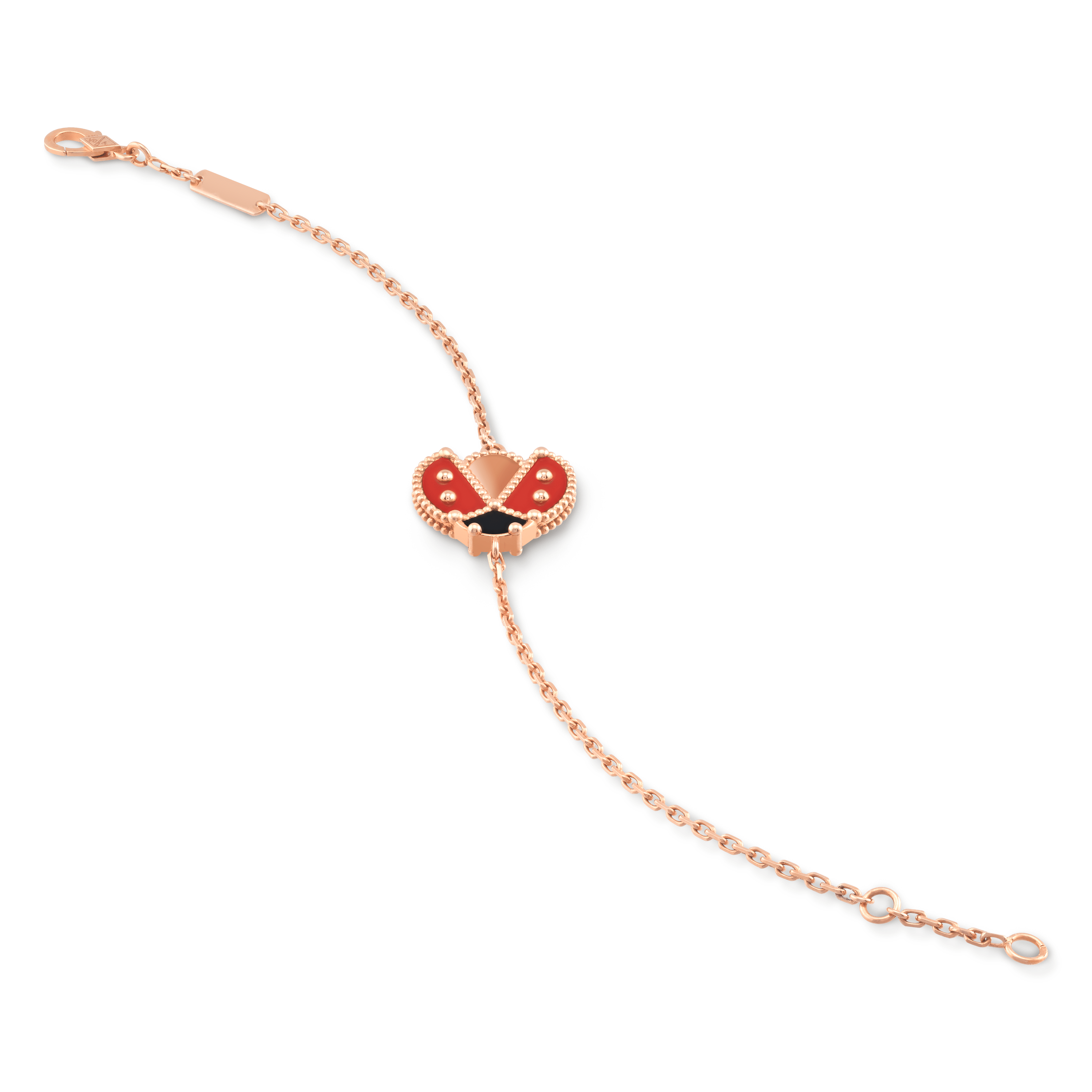 ラッキー スプリング ブレスレット、オープンウィング レディバグ, ローズ ゴールド, オニキス:1 石, カーネリアン:2 石, Close Up, Jewelry Bracelet