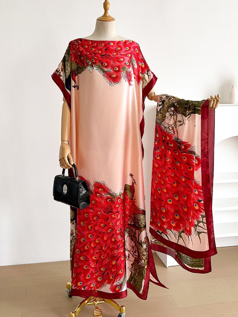 Women's Peacock Print Cape Shawl & Scarf Set, Elegant Beach Cover-Up For Holiday Vacation, Swimwear Coverups