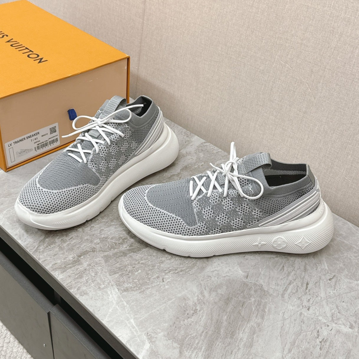 SNEAKERS IN DOVE GRAY DAMIER ELASTIC FABRIC、mysite、Cacoeks