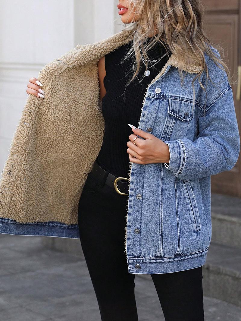 Women's Fall Winter Casual Fashion Jacket, Elegant Solid Color Stand Collar Thickened Warm Denim Coat, Versatile Outerwear for Women