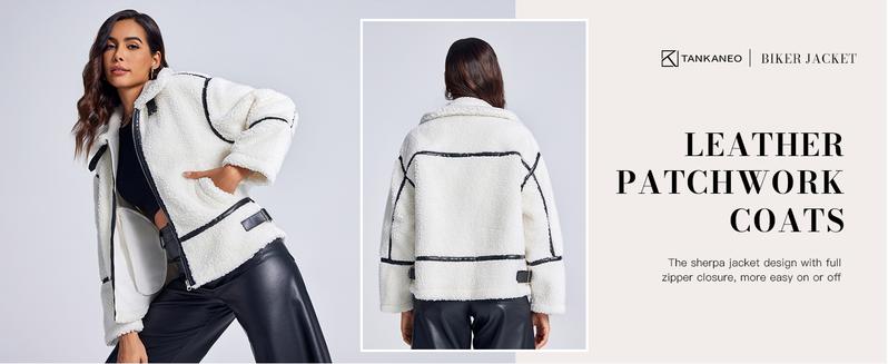 Imily Bela Womens Winter Faux Fur Coats Fleece Zip up Sherpa Moto Jackets Trendy Warm Leather Patchwork Outerwear