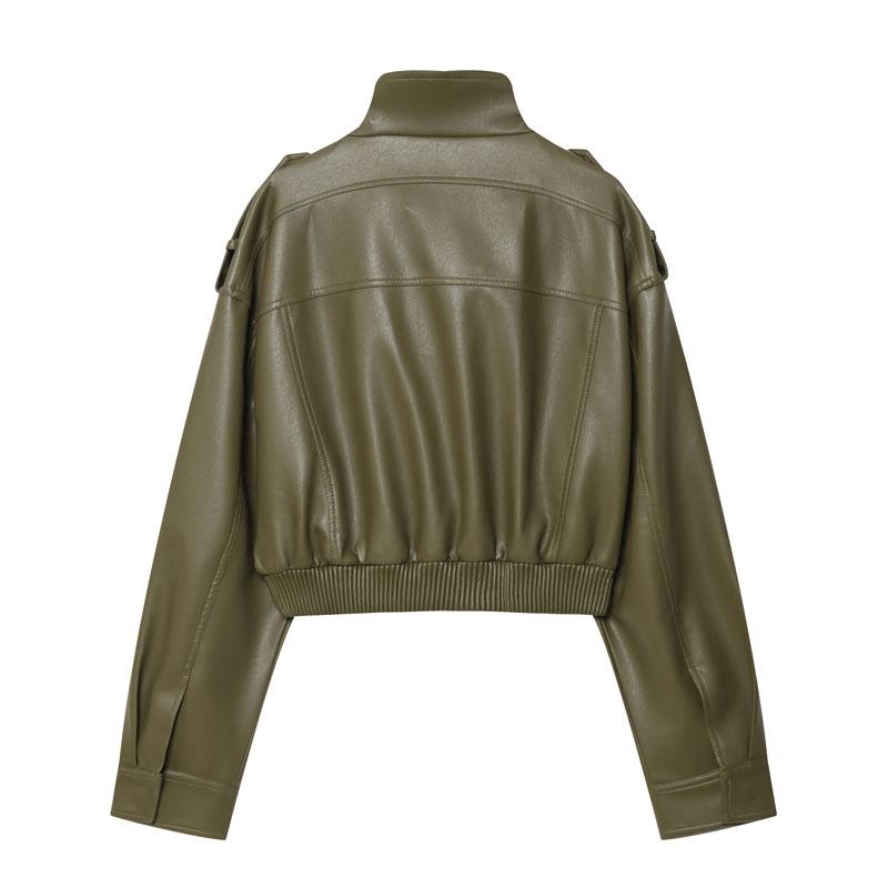 Women's Olive Green Faux Leather Bomber Moto Jacket with Stand Collar and Flap Pockets, Short Layered Streetwear Outerwear