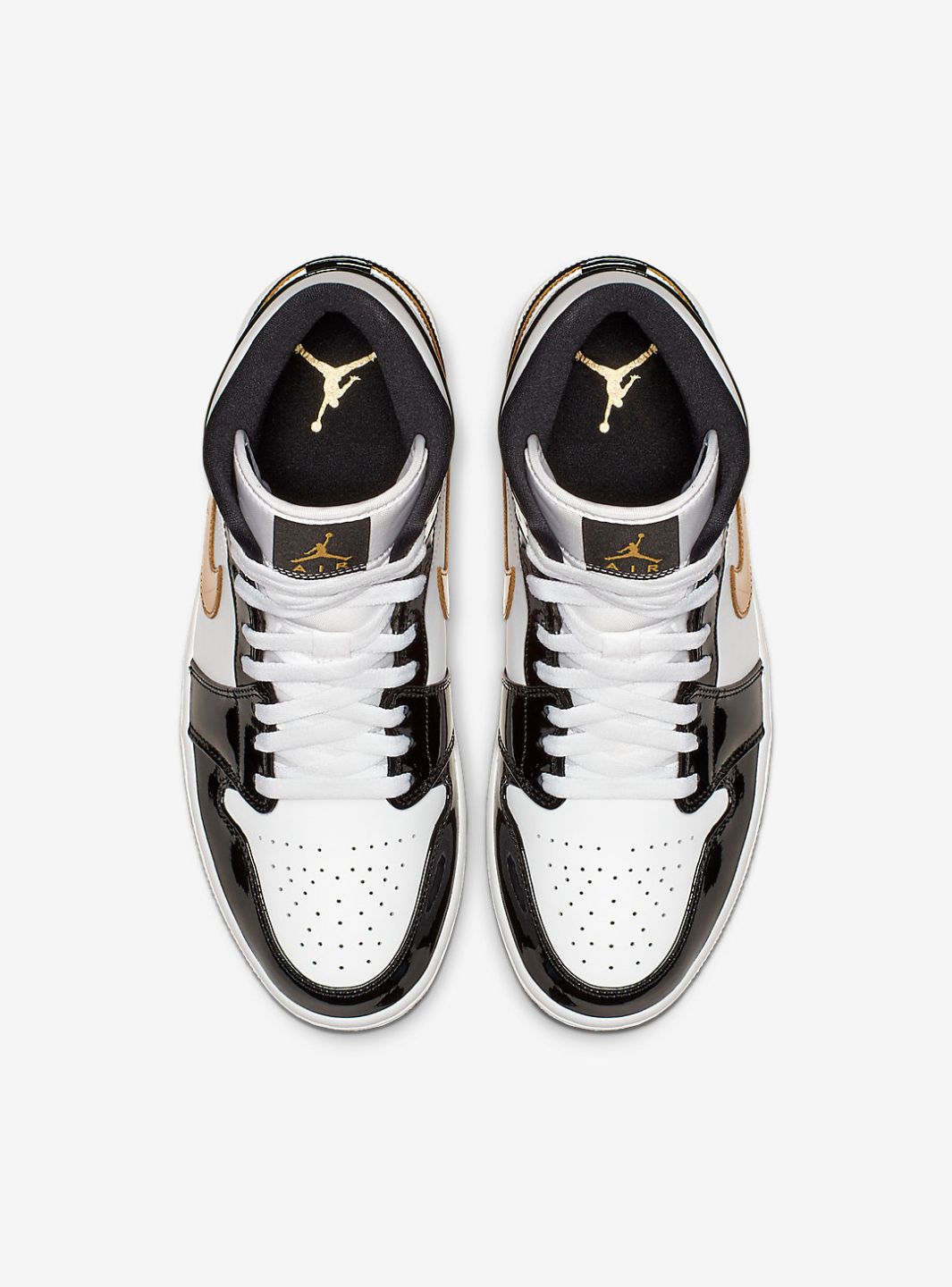 Air Jordan 1 Mid Patent Black White Gold、JORDAN、Cacoeks