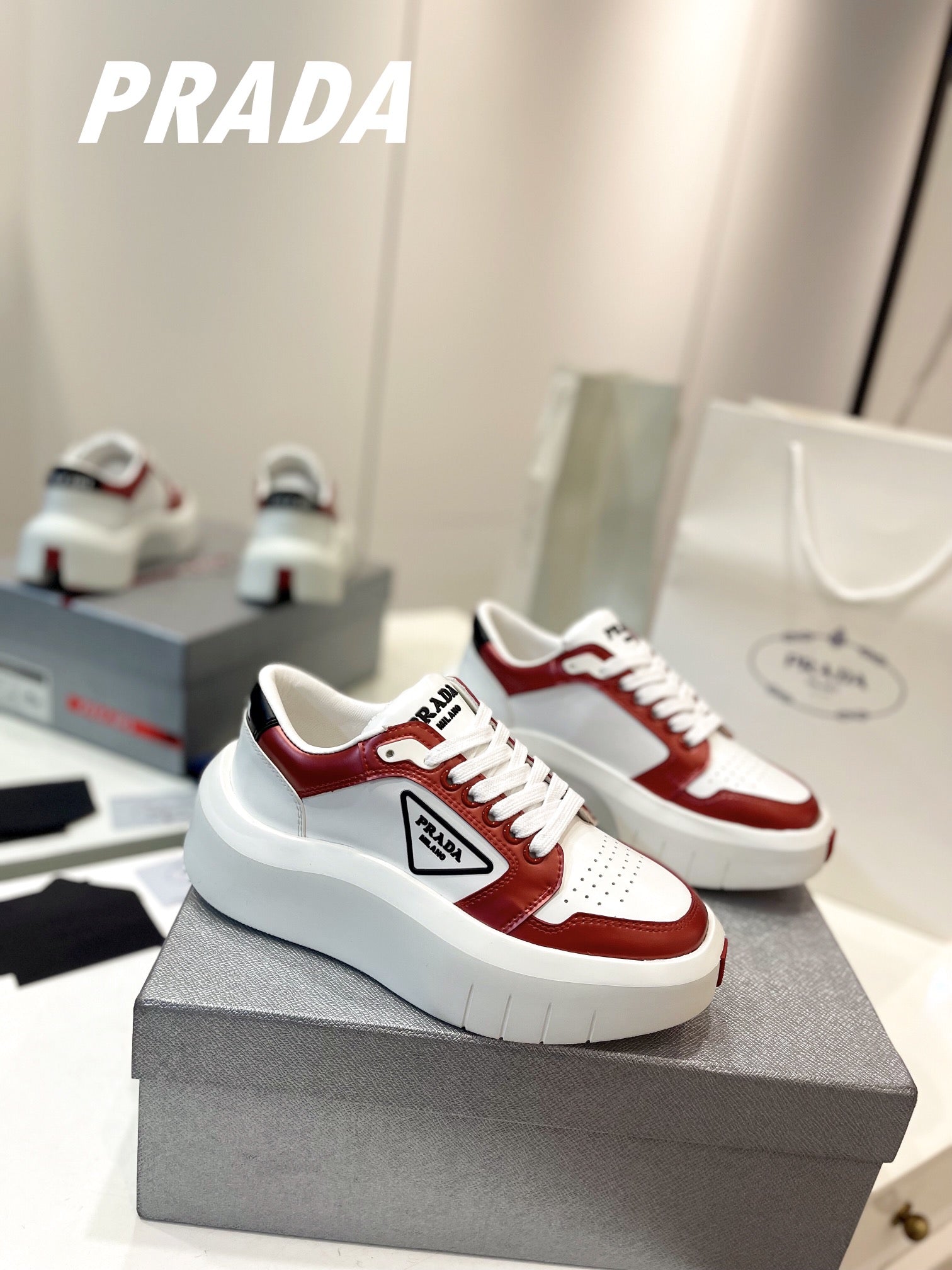 PRA DOWNTOWN THICK-SOLE SNEAKERS WHITE AND CHERRY CALFSKIN、mysite、Cacoeks