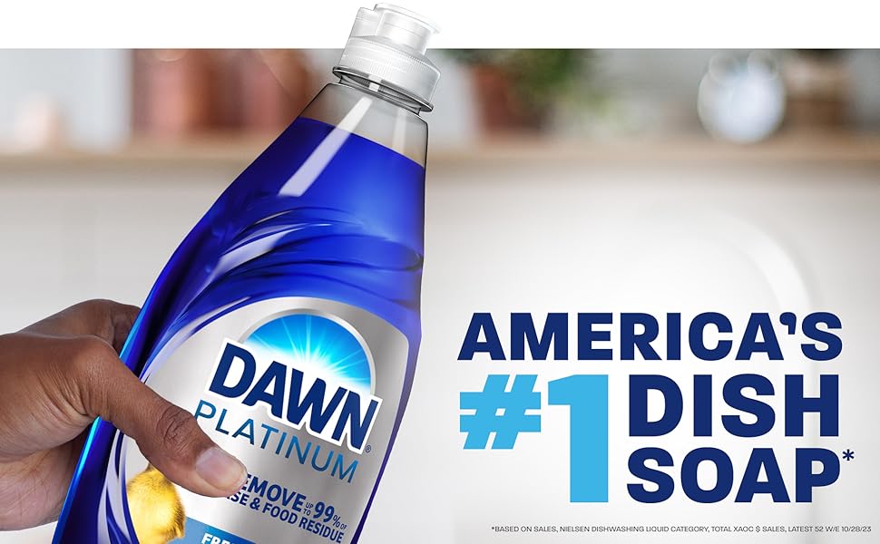 hand holding blue dawn platinum dish soap bottle 