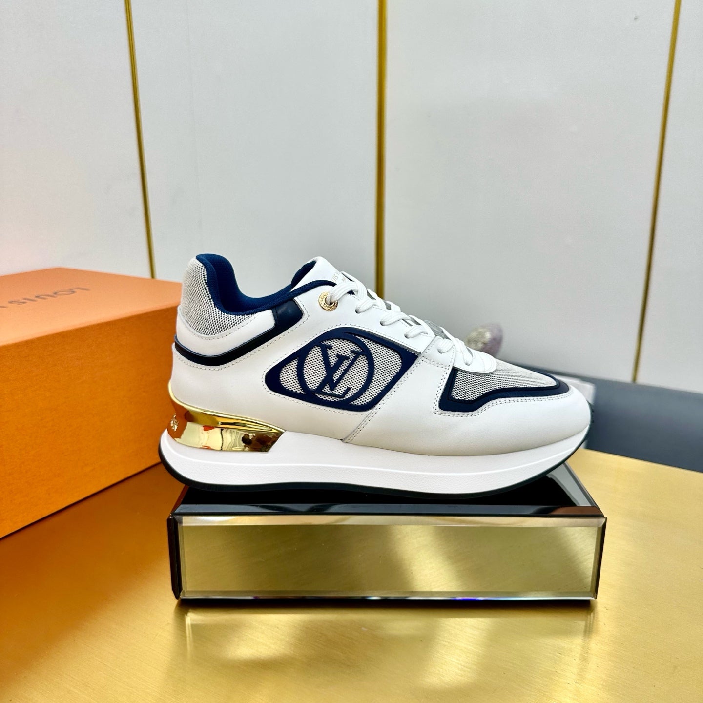 NEO RUN AWAY SNEAKER IN WHITE MIX NAVY BLUE CALFSKIN、mysite、Cacoeks