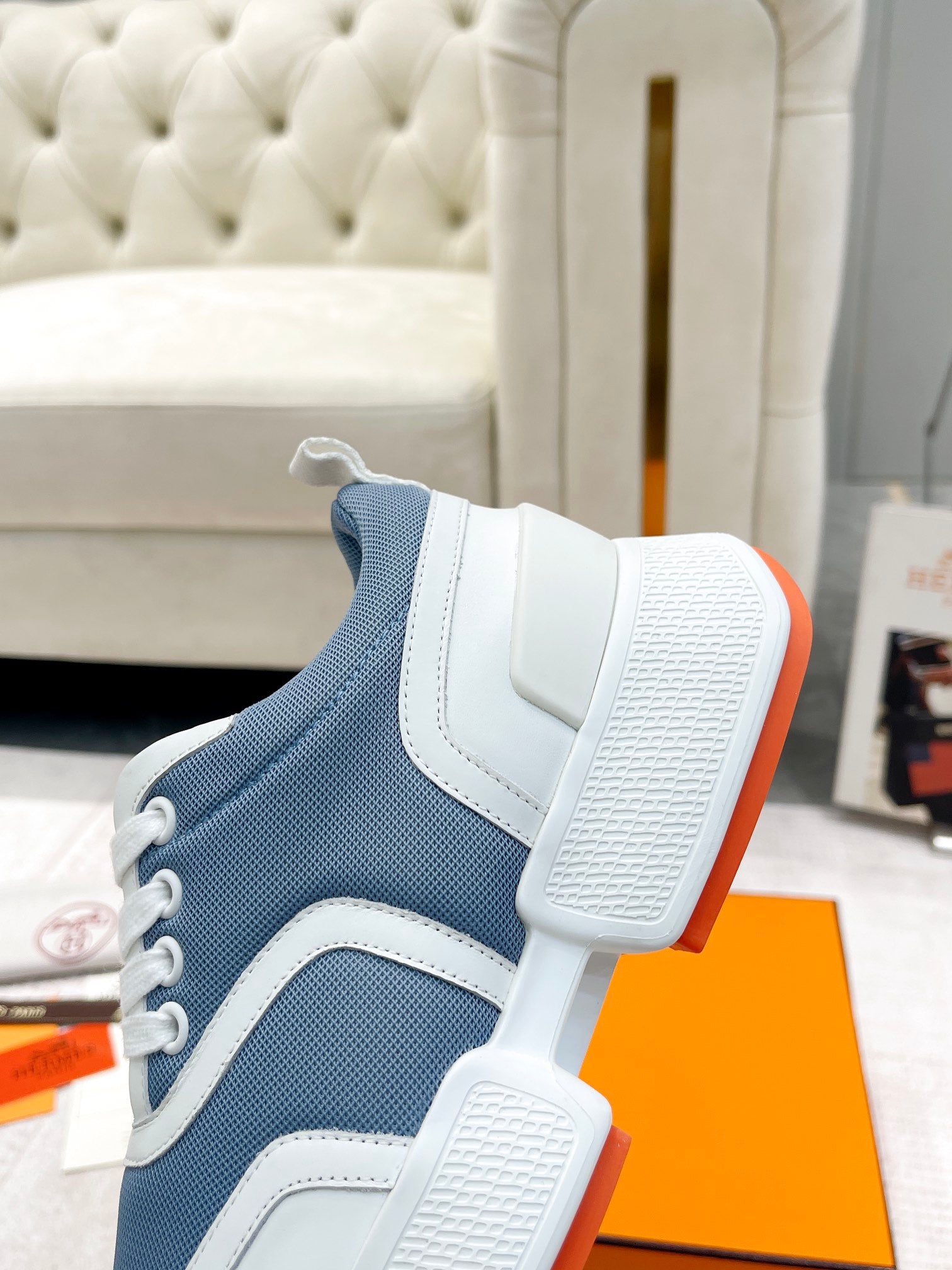 GIGA SNEAKER IN AEGEAN BLUE STITCHED MESH AND WHITE CALFSKIN、mysite、Cacoeks