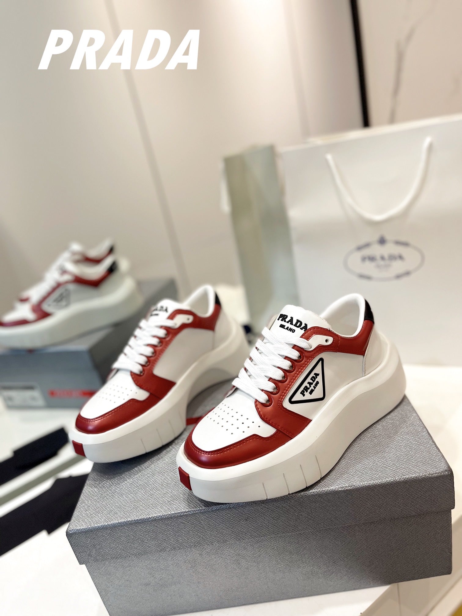 PRA DOWNTOWN THICK-SOLE SNEAKERS WHITE AND CHERRY CALFSKIN、mysite、Cacoeks