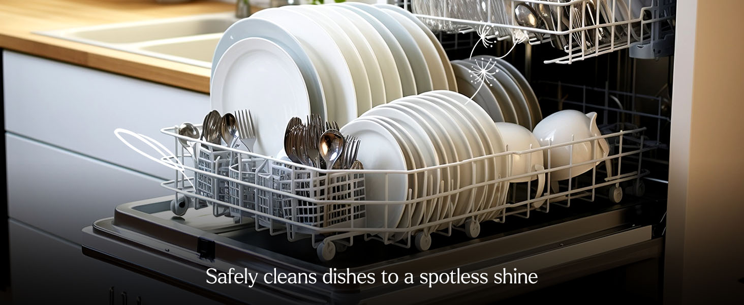 Before and after, showing spotless dishes after using Puracy dishwasher pods