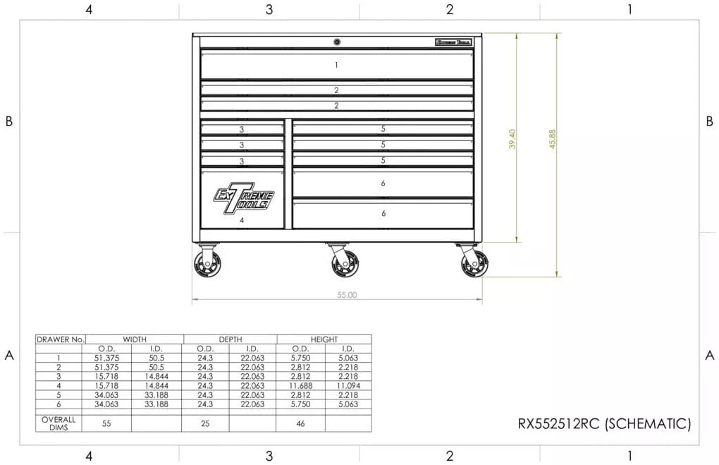 Schematic Diagram Of The Extreme Tools 55 RX Series Including Detailed Measurements And Dimensions For Each Drawer Along With The Overall Dimensions Of The Tool Chest