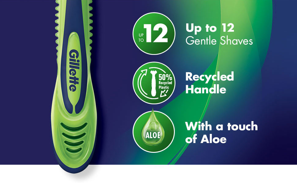 Up to 12 gentle shave Recycled handle With a touch of Aloe