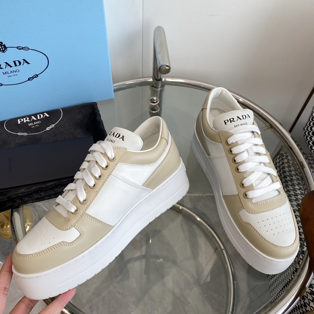 PRA DOWNTOWN THICK-SOLE SNEAKERS WHITE AND BEIGE CALFSKIN、mysite、Cacoeks