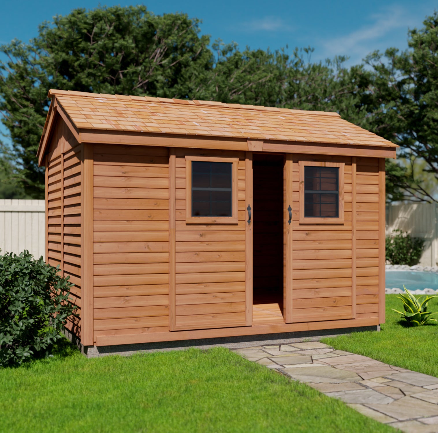 Western Red Cedar Cabana Garden Shed with sliding door and shingle roof.
