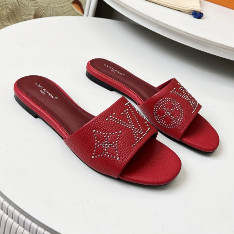 FLAT SLIDE IN RUBY RED LAMBSKIN WITH RHINSTONES、mysite、Cacoeks