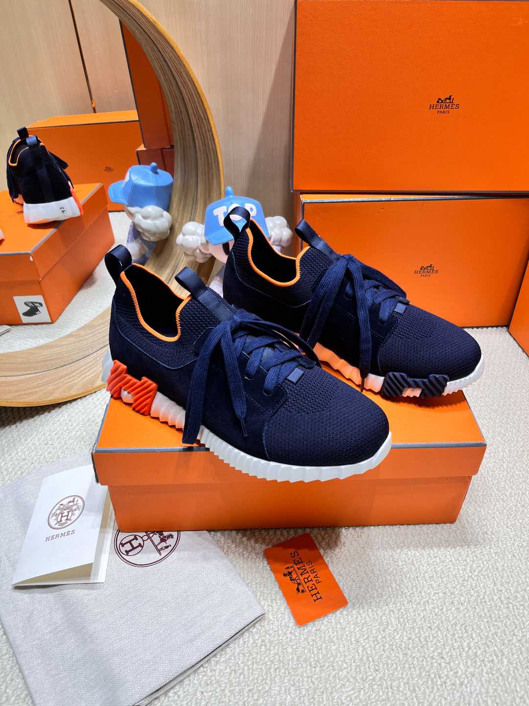 DEPART SLIP-ON SNEAKER IN NAVY BLUE KNIT AND CALFSKIN、mysite、Cacoeks