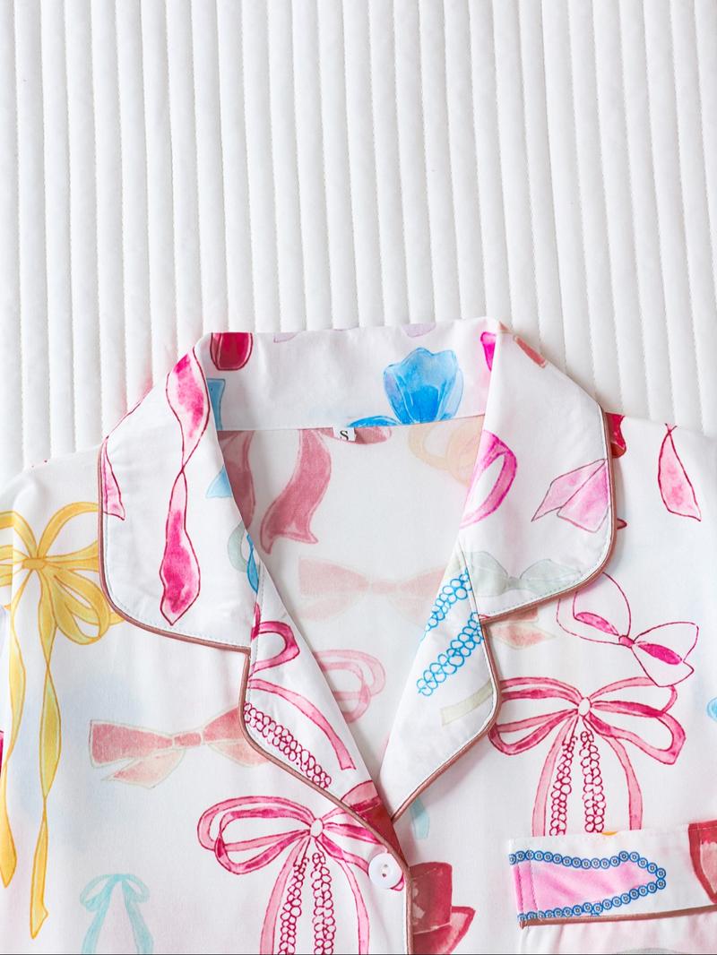 Two-piece Set Women's Bow Print Button Front Pocket Shirt & Elastic Waist Pants Pajama, Casual Comfy Long Sleeve Lapel Neck Top & Trousers Pj Set, Ladies Sleepwear for Spring & Fall