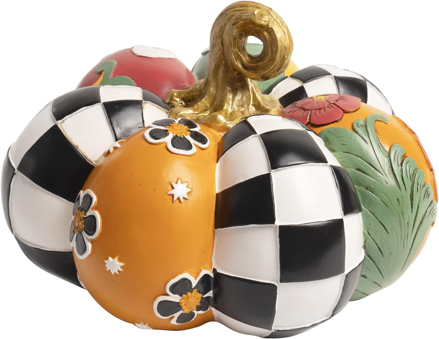 Black and White Checkered Pumpkin for Decorating, 8 in Resin Fall Thanksgiving Decorative Pumpkin Statue Table Top Decoration for Home, Harvest Figurine Autumn Indoor Shelf Mantel Desk Decor
