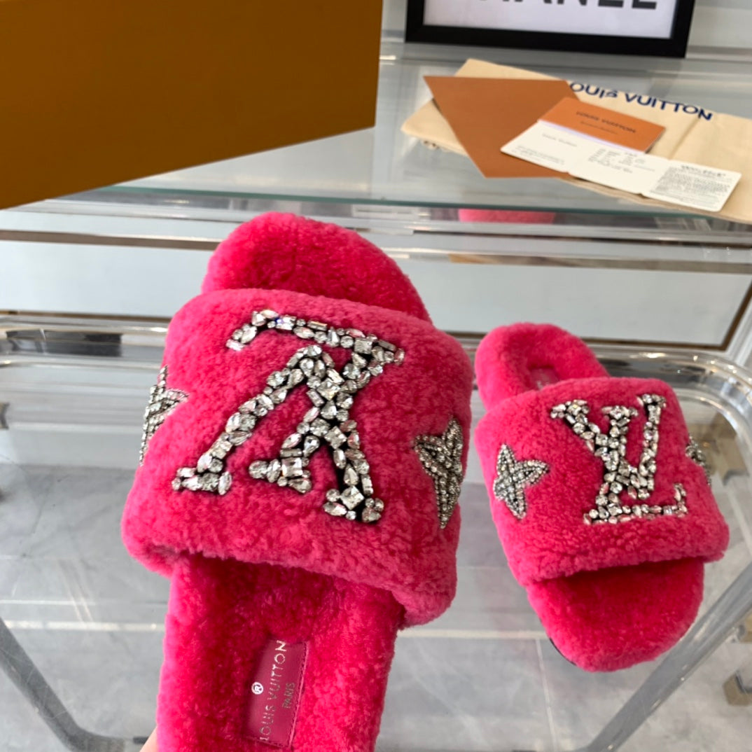 LV WOMEN'S PASEO FLAT SLIPPER IN DEEP PINK FLEECE、mysite、Cacoeks