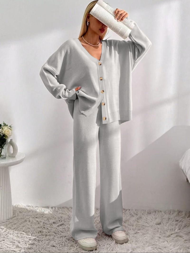 Women's Solid Button Front Drop Shoulder V Neck Cardigan & Elastic Waist Wide Leg Pants Two-piece Set, Casual Fashion Cozy Knitwear Set for Daily Outdoor Wear, Women's Knitwear for Fall & Winter
