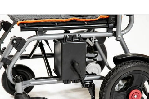 eVolt Traveler Power Chair folded, highlighting its compact and portable design for easy storage and transport.