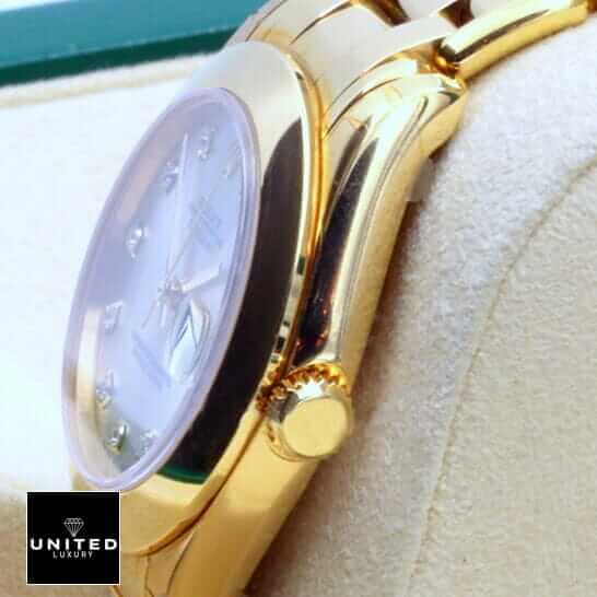 Rolex Pearl Master 81208 Gold & Diamond Dial Replica 4 Rolex Datejust Gold Diamond Dial Replica side view crown / push button