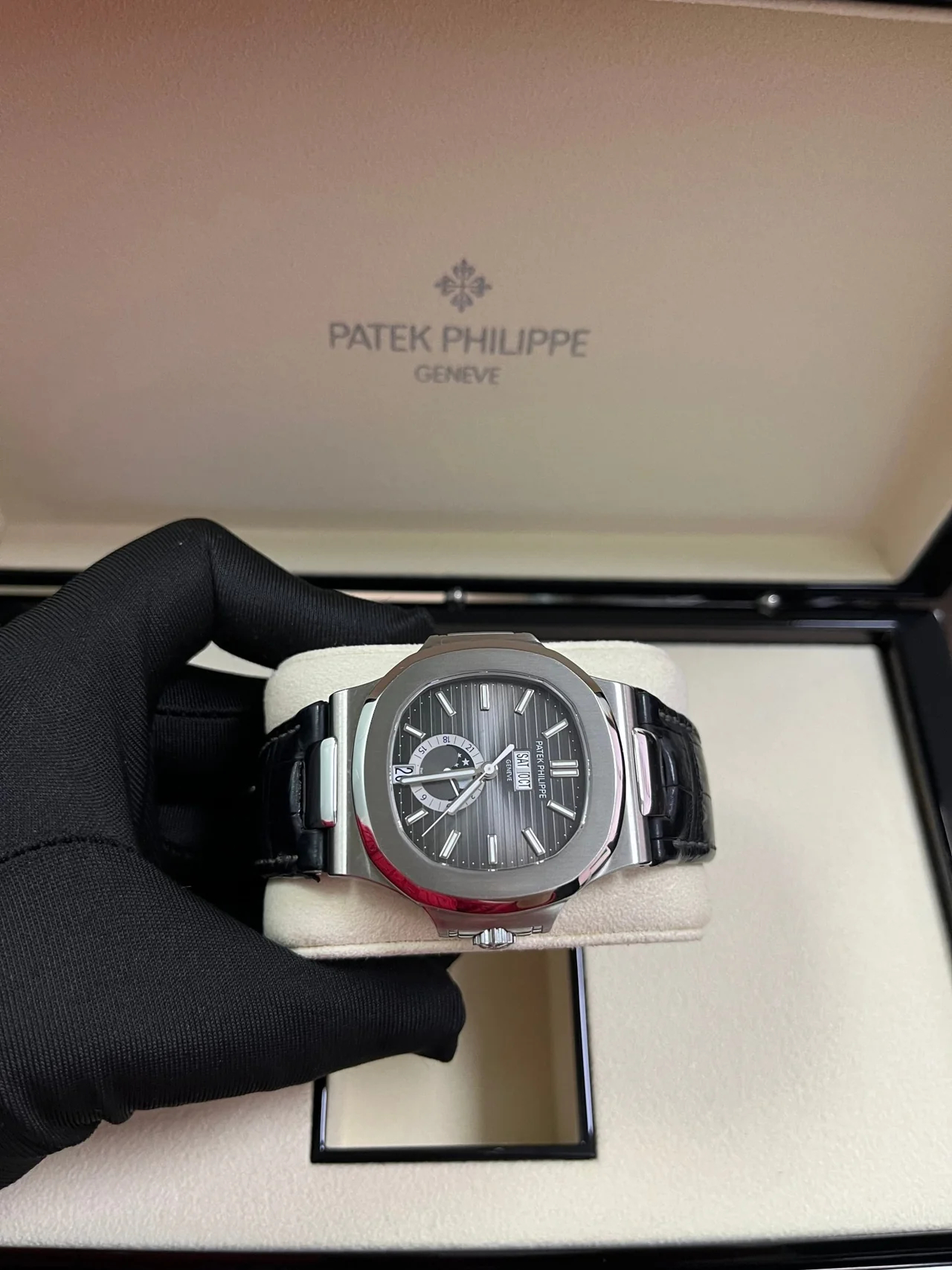 Patek Philippe Nautilus 5726A-001 Super Clone – Moon Phase Black Dial on Leather Strap