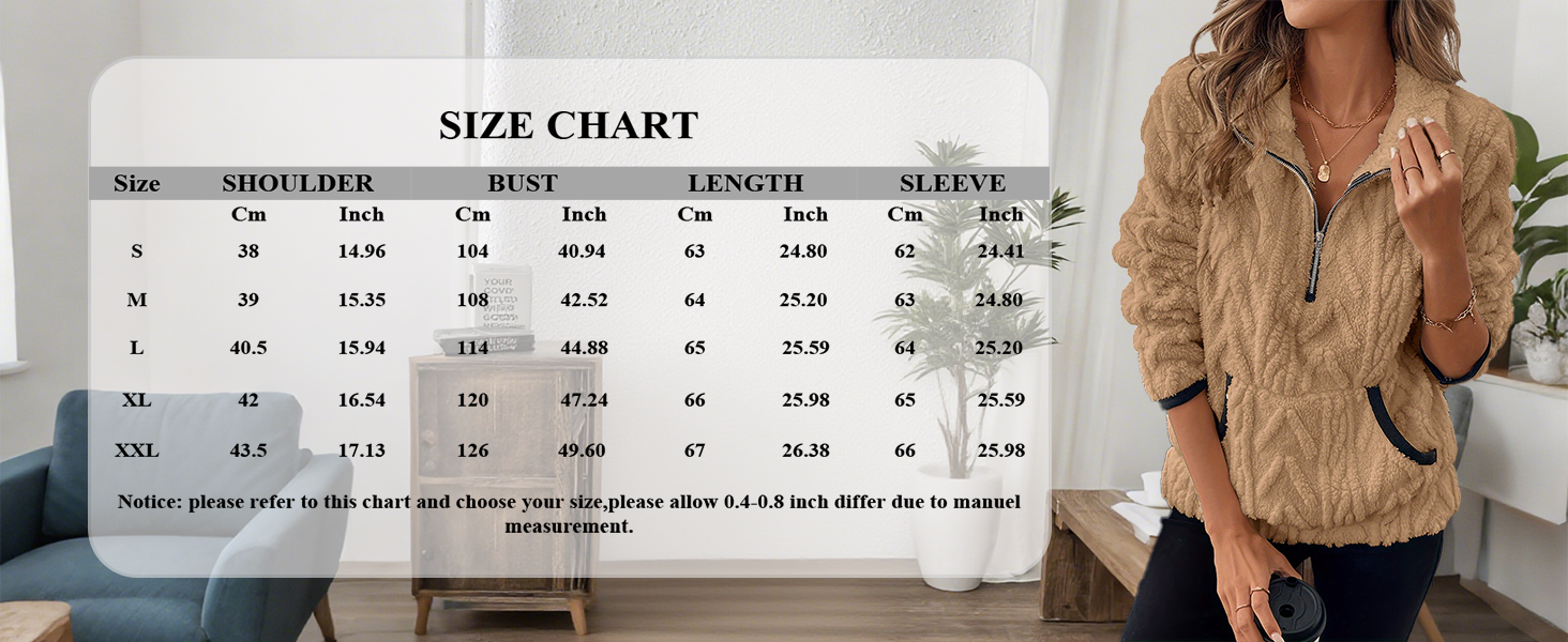 Text reads 'SIZE CHART' followed by detailed sizing table with measurements. Multiple images showing a beige/brown corduroy shirt with collar and buttons, displayed on model and as flat product shots.
