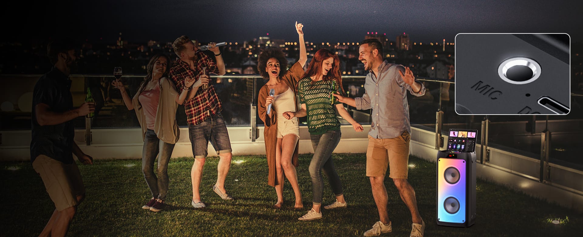 People having party with JYX karaoke machine with two wireless microphones, mic port for connecting more microphones